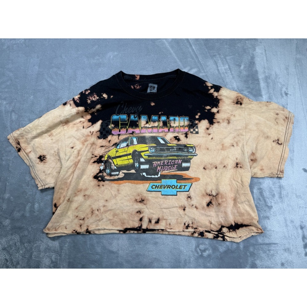 GM Chevy Camaro Cropped T Shirt Womens XL Beige Black Tie Dye American Muscle